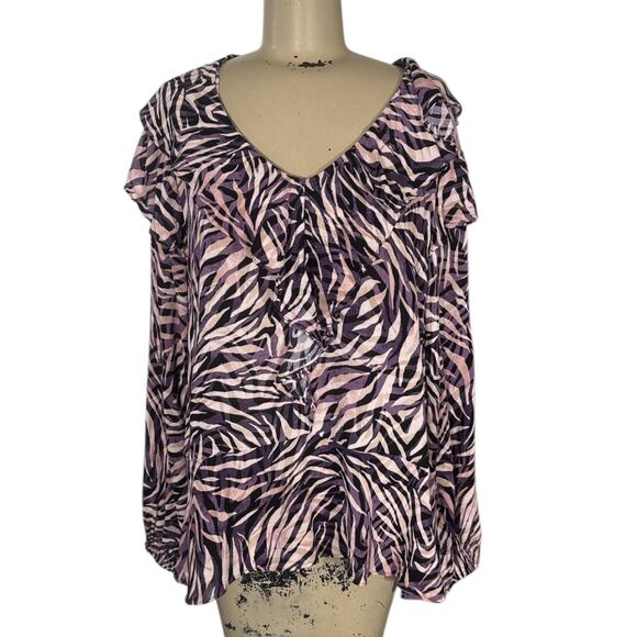 Democracy Ruffle Front Purple Zebra Stripe Animal Print V-Neck Blouse Sz L - Picture 1 of 5